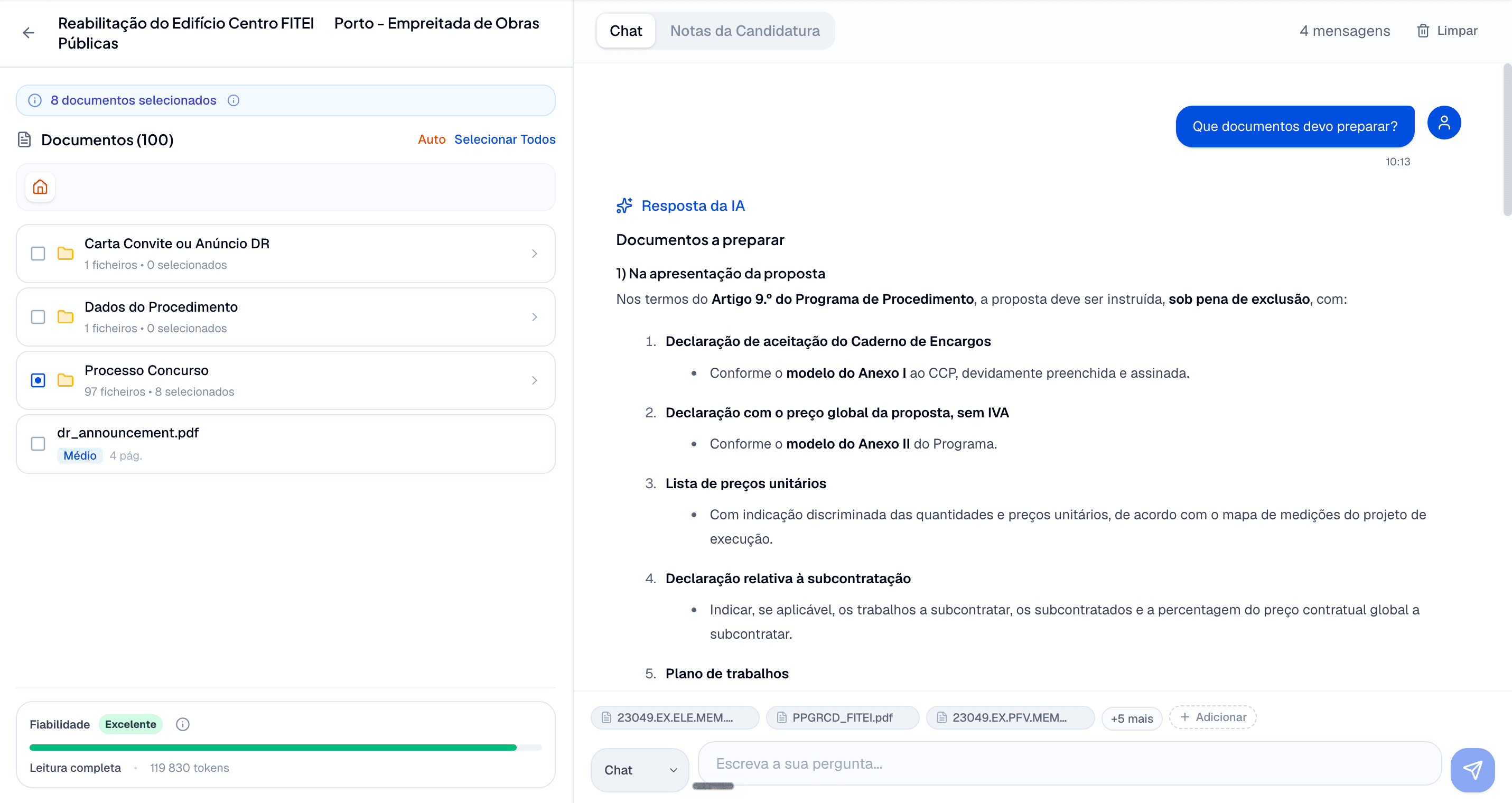 Chat AI de documentos: lista de ficheiros do concurso e respostas da IA com citações