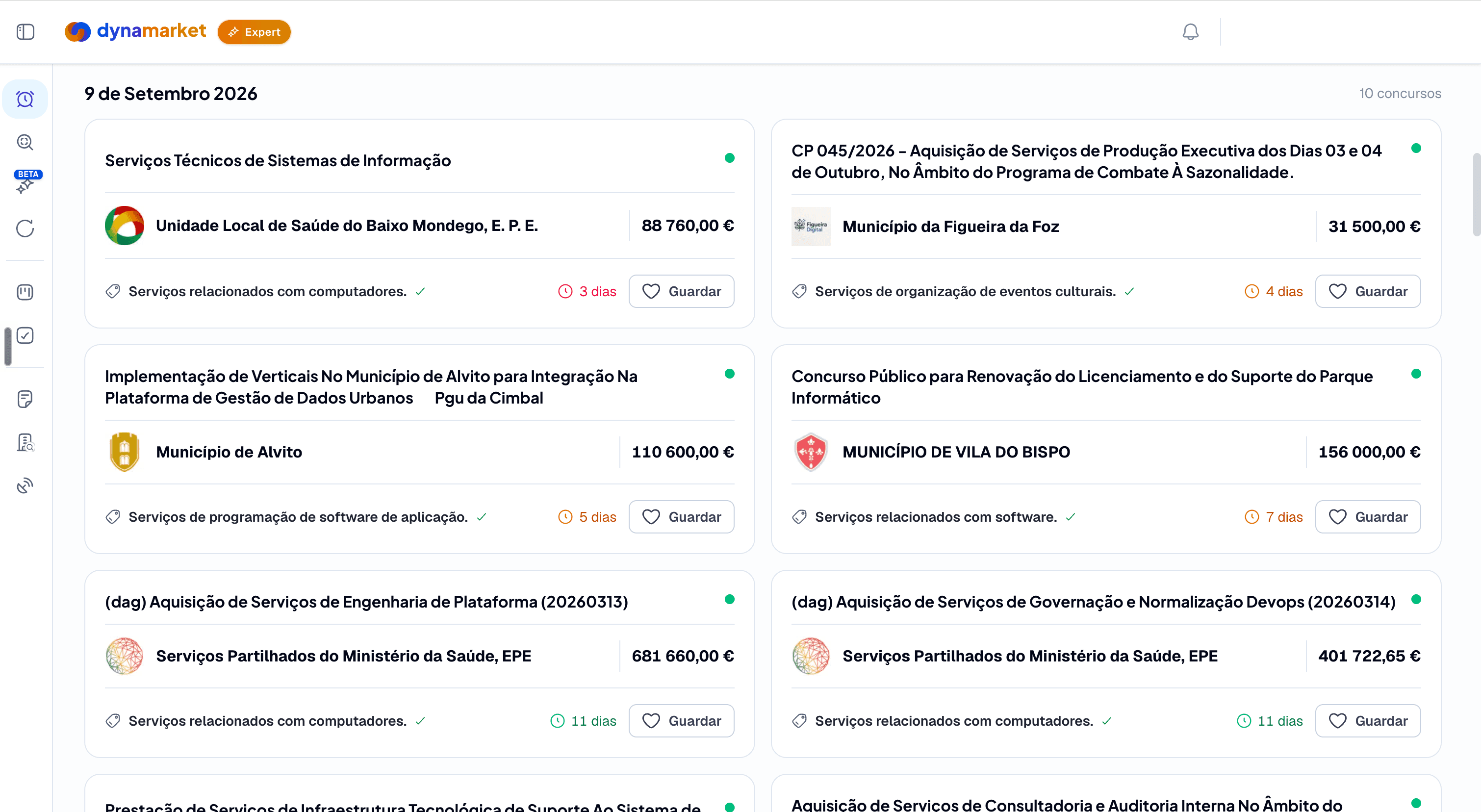 Alertas de concursos públicos: concursos do dia no BASE.gov.pt, com entidade adjudicante, valor e prazo