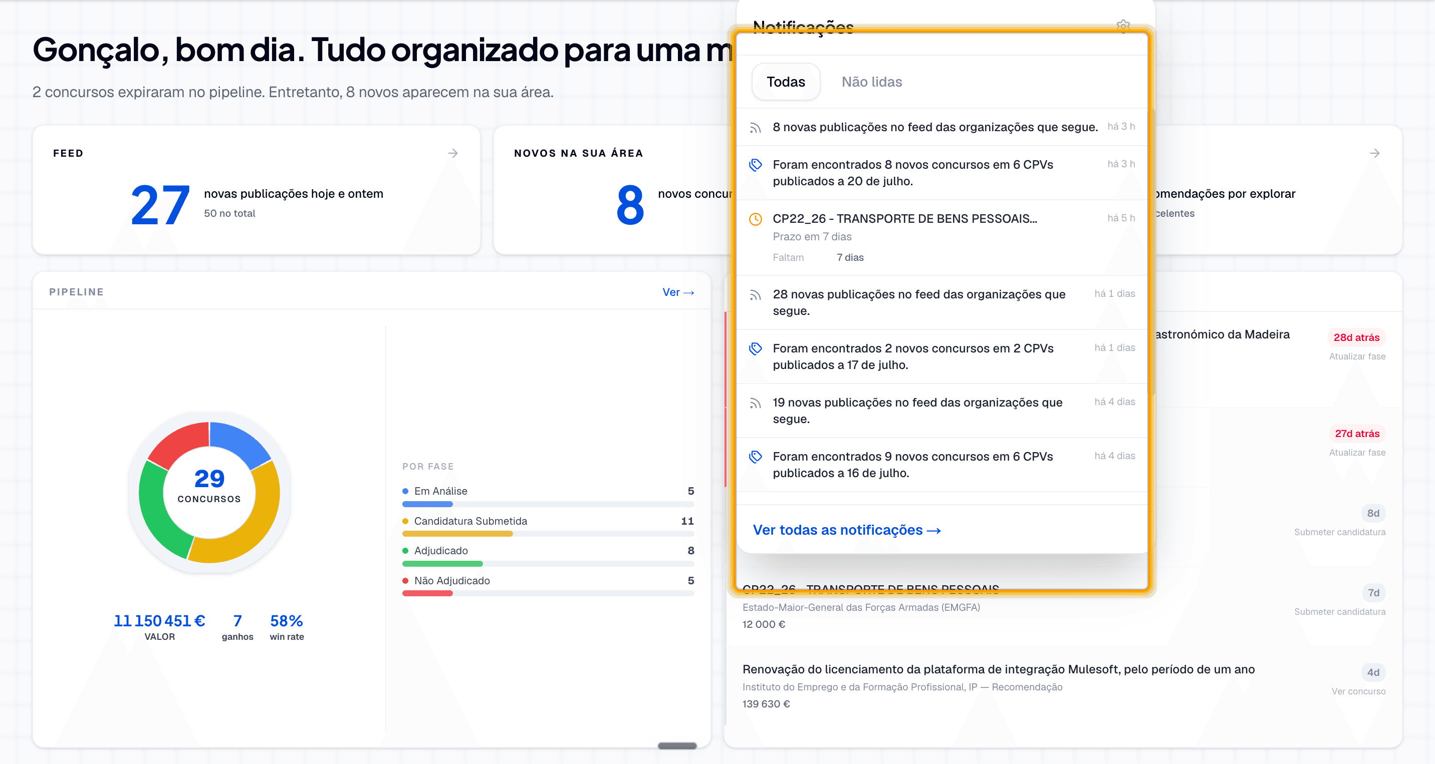 Centro de notificações com alertas de concursos, feeds e prazos