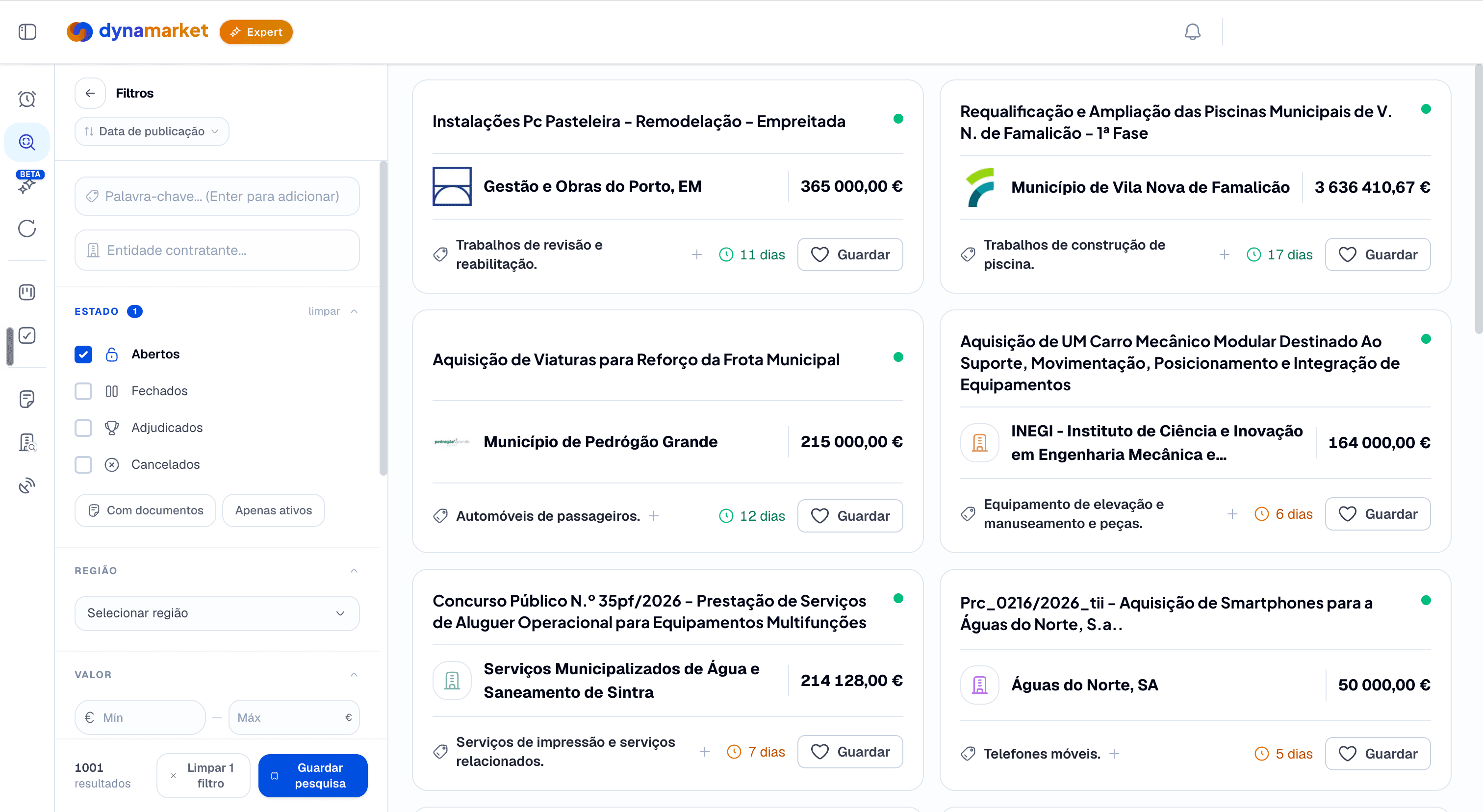 Pesquisa de concursos públicos em Portugal com filtros por CPV, valor, região e entidade adjudicante