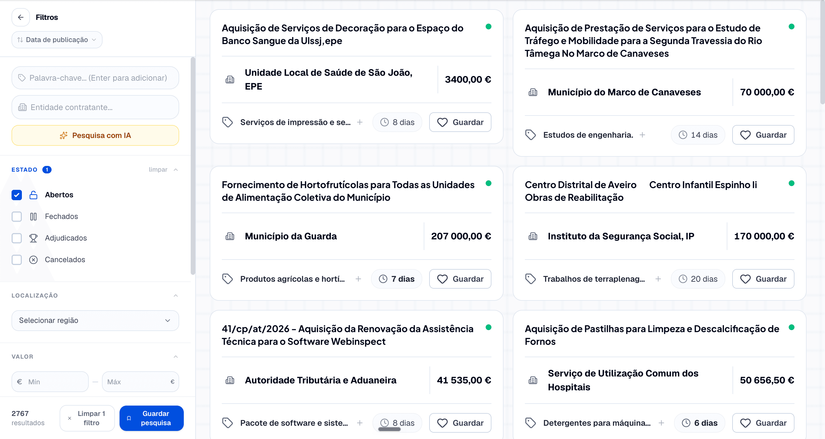 Pesquisa de concursos com filtros, pesquisa com IA e resultados em cards